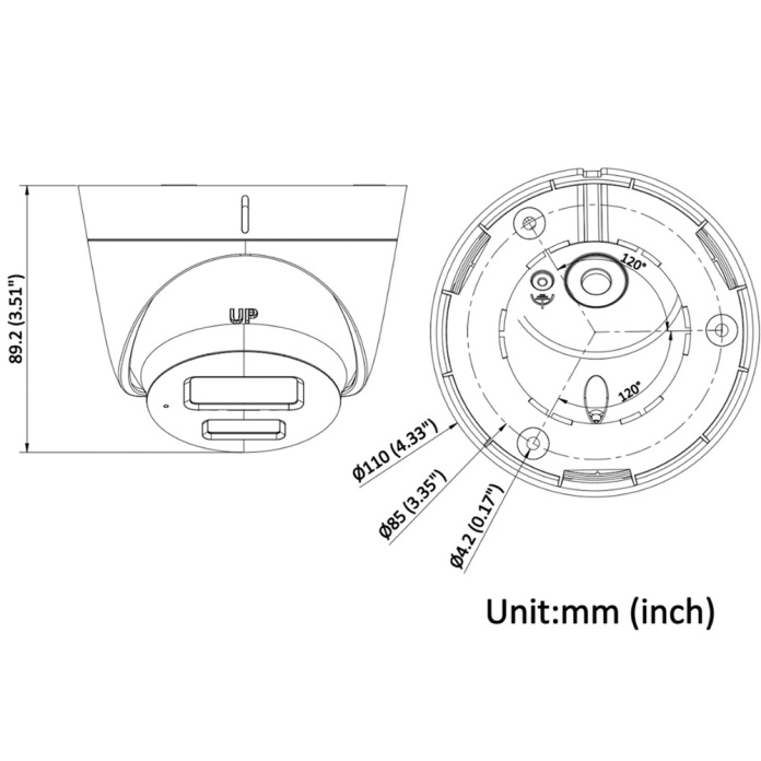 Rysunek techniczny kamery Hikvision kopułkowej 4Mpx